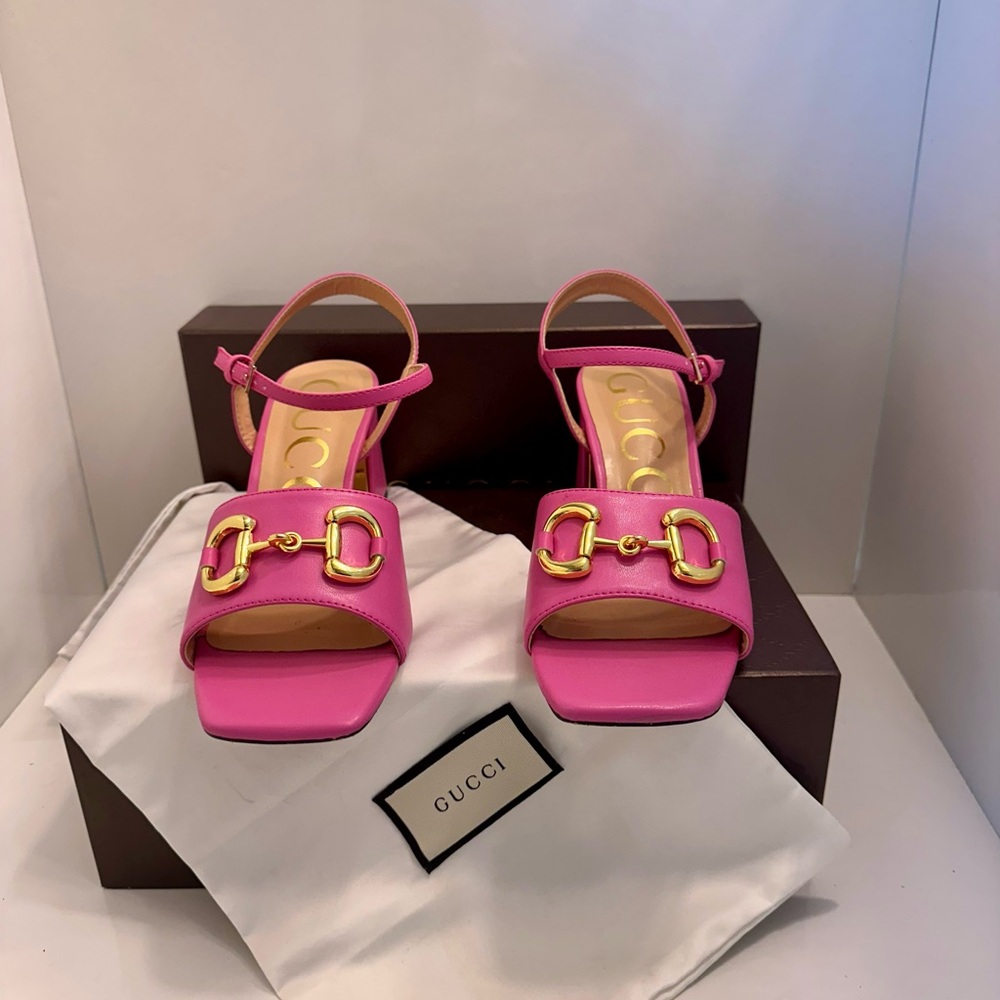 Authentic Gucci Pink with Gold Buckle Block Heel Sandals
